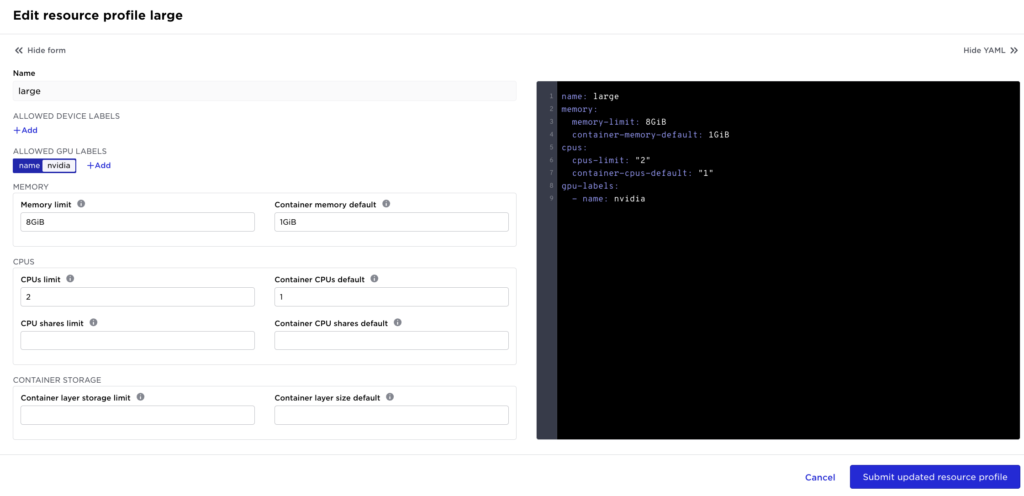 Screenshot of the 'Edit resource profile' screen, showing options for configuring memory, CPUs, and GPUs.