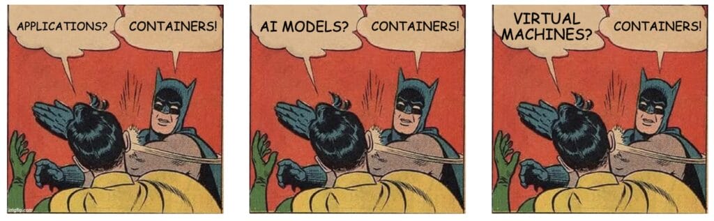 A comic illustrating that when redesigning the edge infrastructure, companies should build for container first