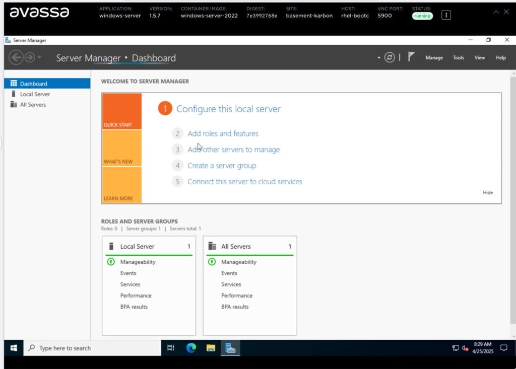 Windows Server Manager dashboard showing server configuration options.