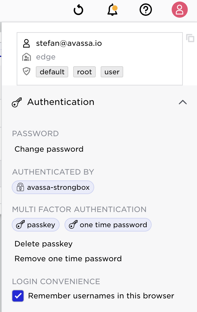 User information in Avassa showing authentication methods and login convenience options.
