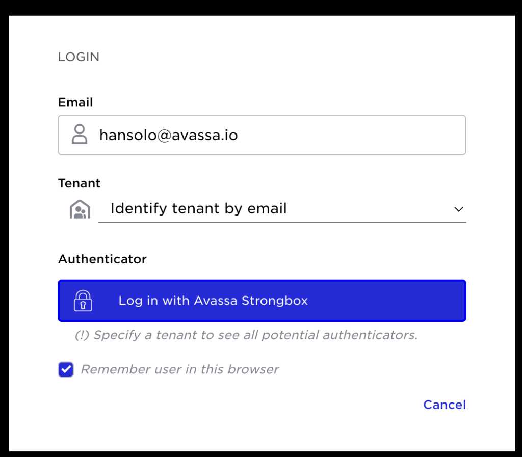 Avassa login screen for a new user adding a passkey.
