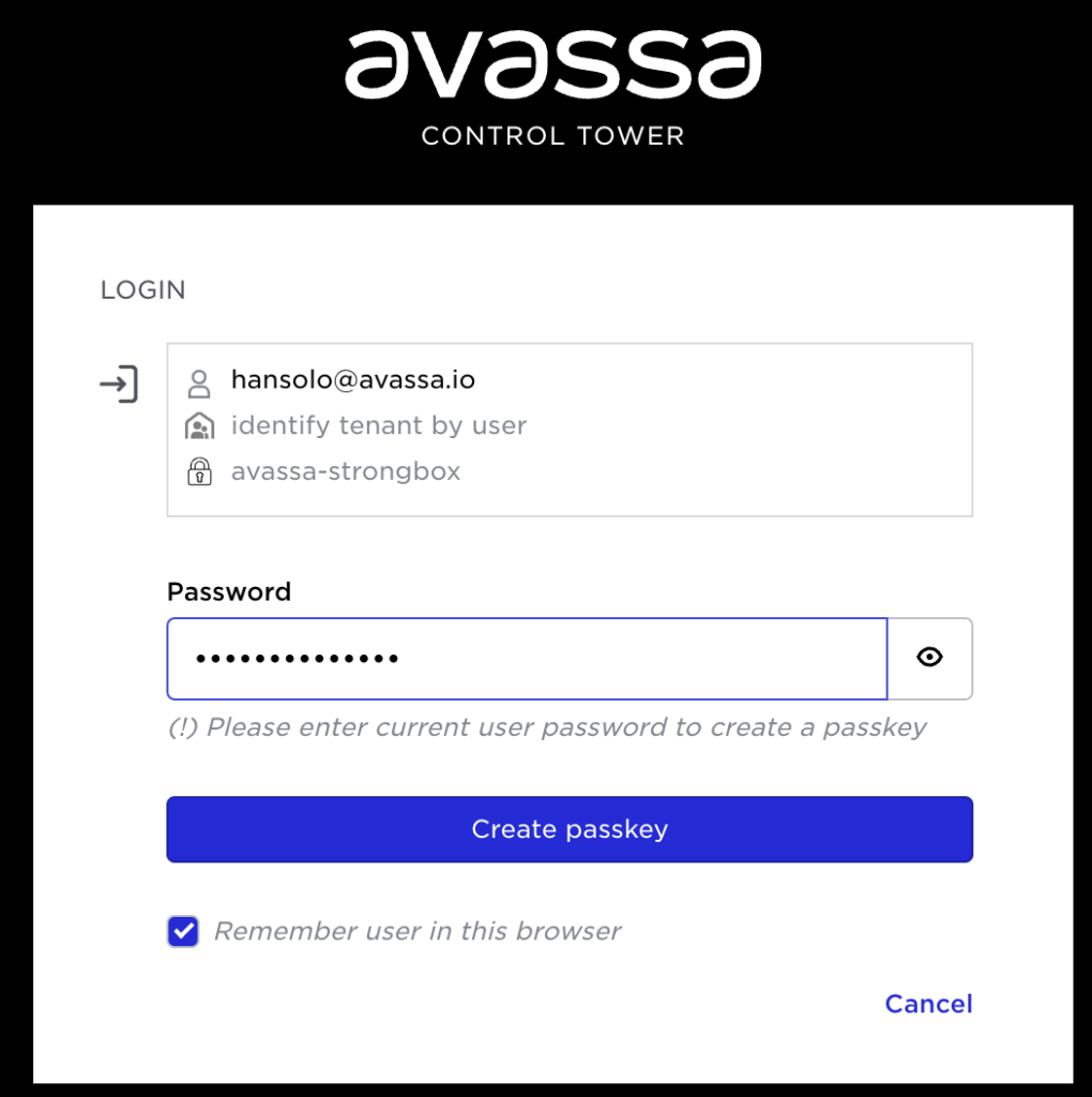 Avassa login screen prompting for password to create a passkey.