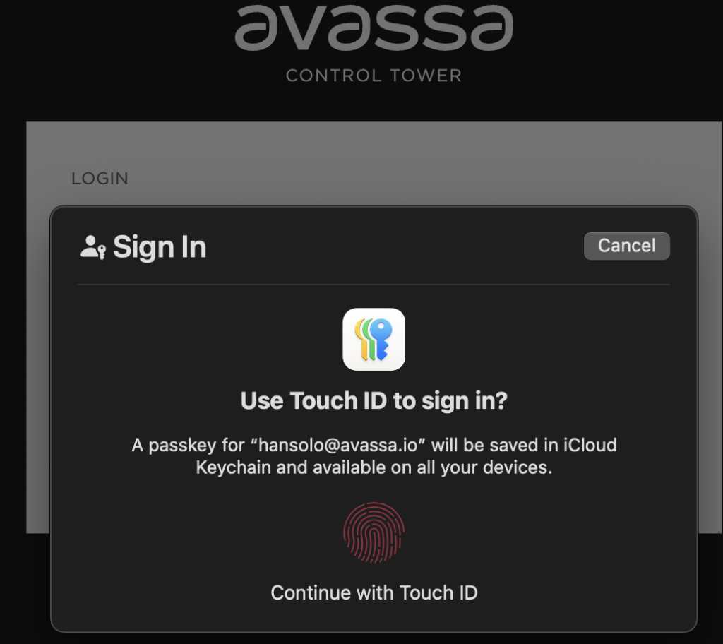 Browser prompt to use Touch ID to create a passkey in Avassa.