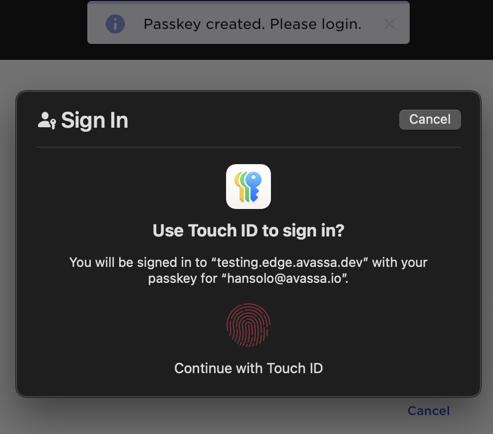 Browser prompt to use Touch ID to sign in with a passkey in Avassa.