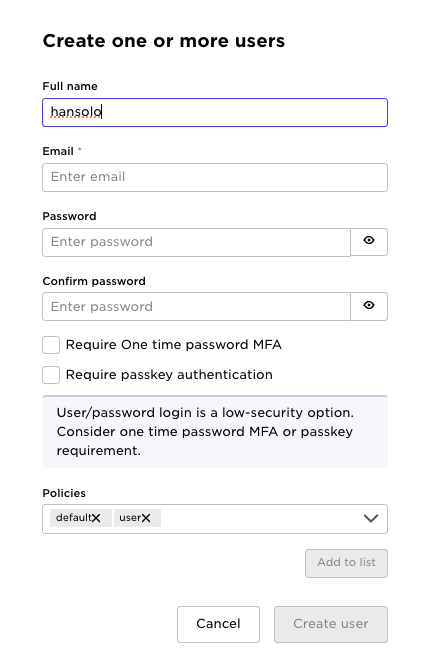 Avassa user creation form with options to require MFA or passkey authentication.