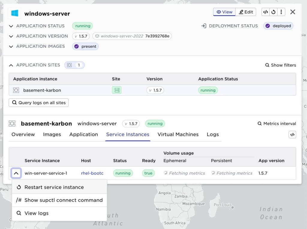 Avassa Control Tower UI showing how to restart a VM service instance.