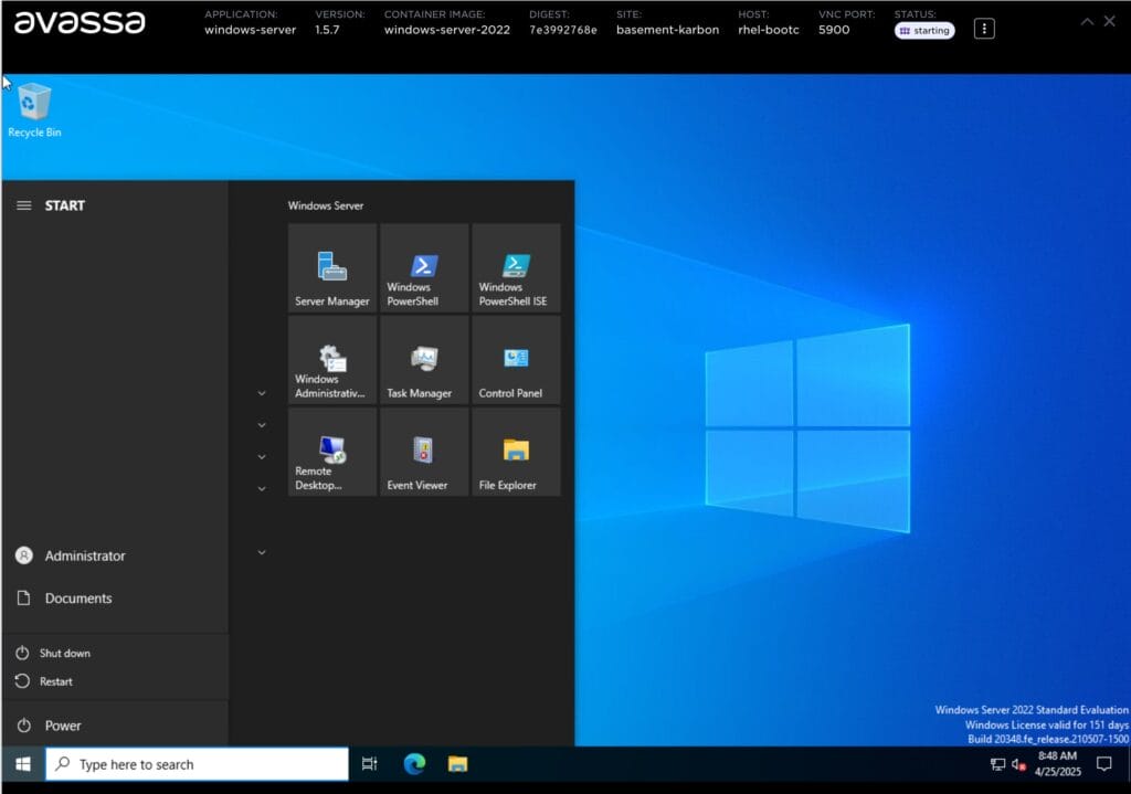 Screenshot of a virtual Windows server running in Avassa.