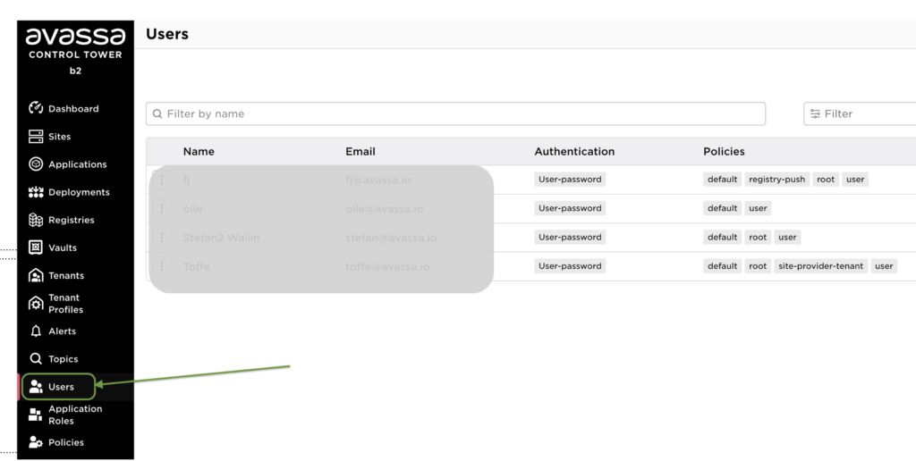 Avassa Control Tower user management interface.