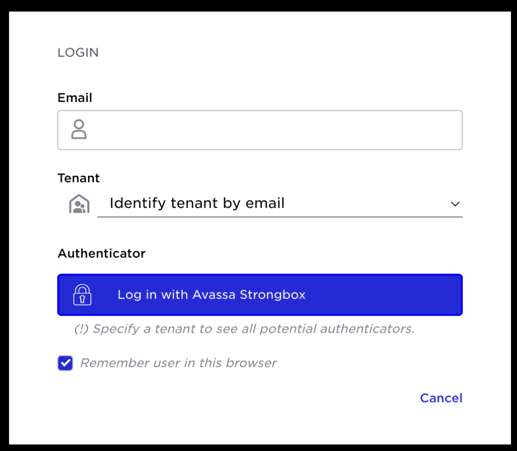 Avassa's new login flow, starting with email and tenant selection.
