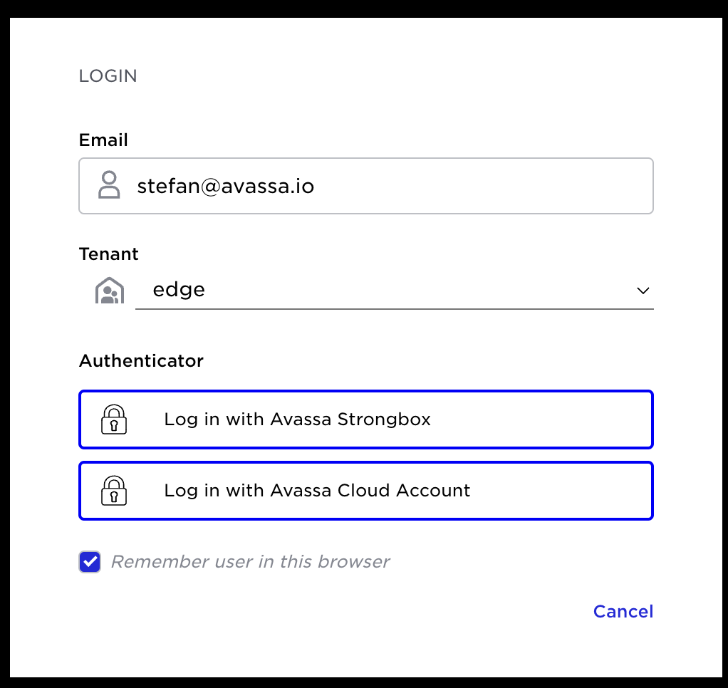 Avassa login page with a selected tenant and authenticator options.