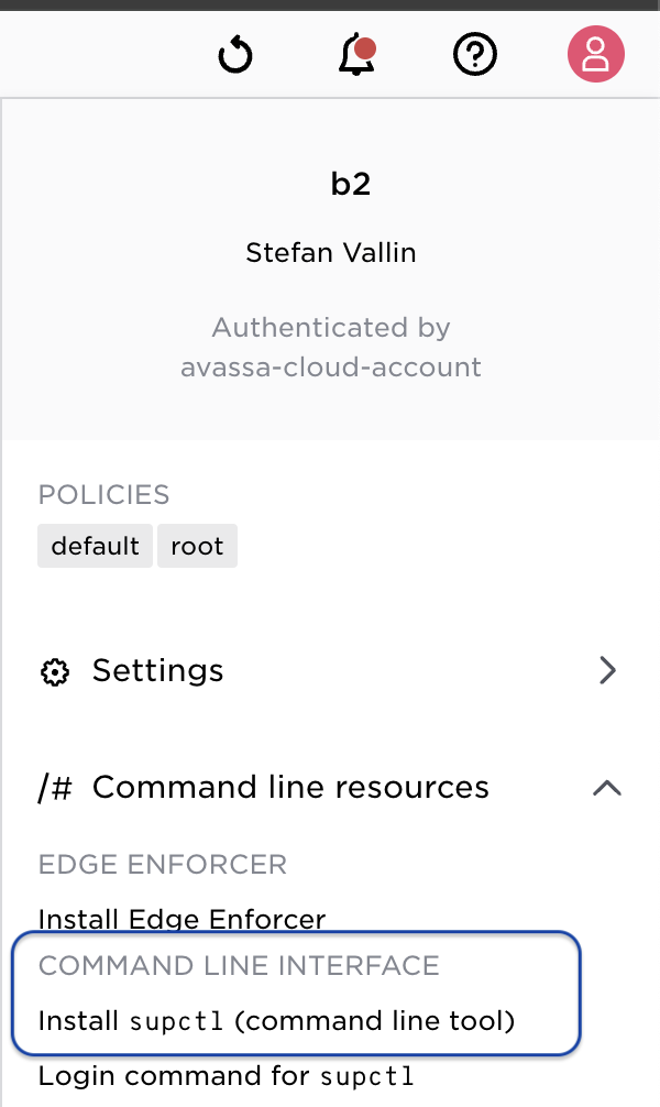 Screenshot of the Avassa UI showing the command line resources, including the installation command for supctl.