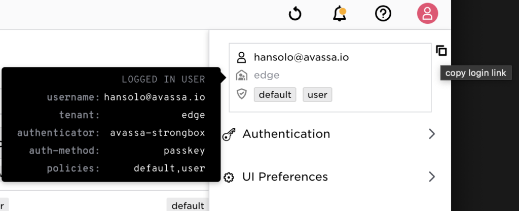 Avassa user profile showing passkey authentication method.