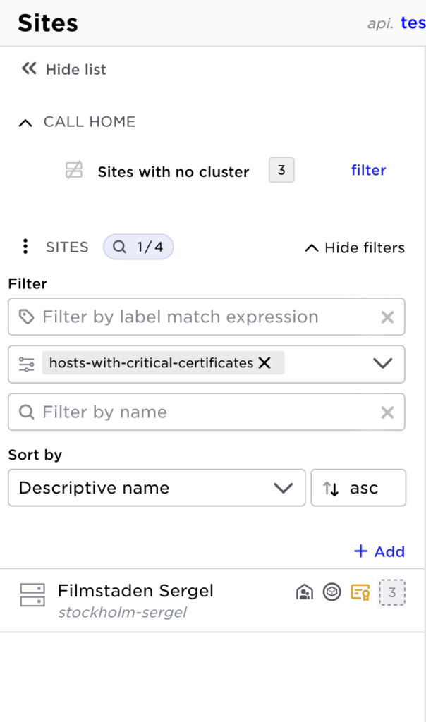 Avassa UI showing the ability to filter sites by 'hosts-with-critical-certificates' to find sites needing attention.
