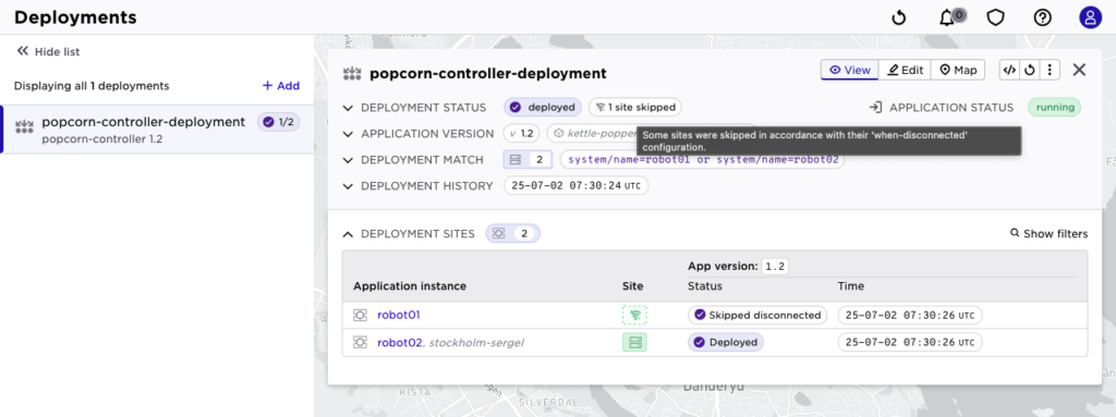 Avassa UI showing a deployment status with a site in 'treat-as-expected' mode, indicating it was skipped due to disconnection.