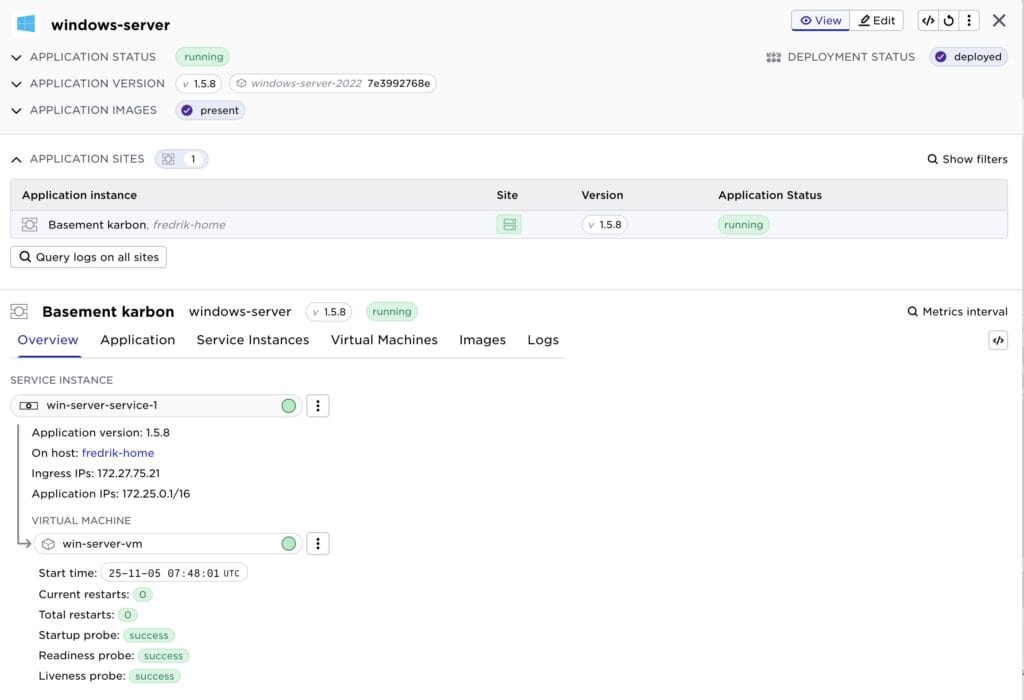 Avassa Edge Platform dashboard interface showing application status, version, and site details for a distributed edge system.