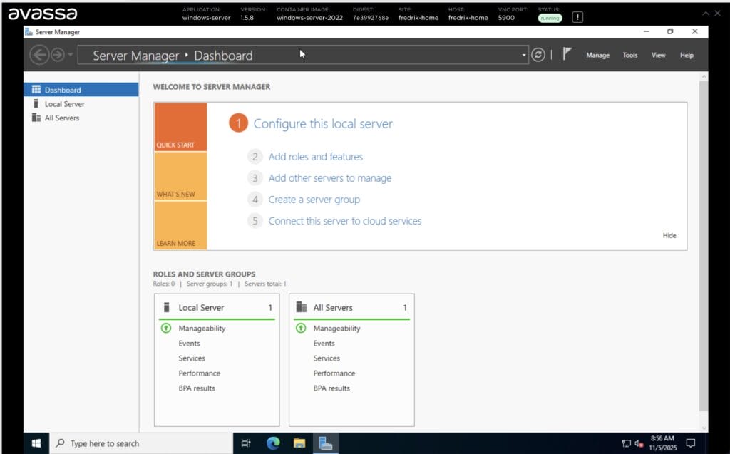 A VNC window within the Avassa Edge Platform showing the Windows Server Manager dashboard on a deployed virtual machine.