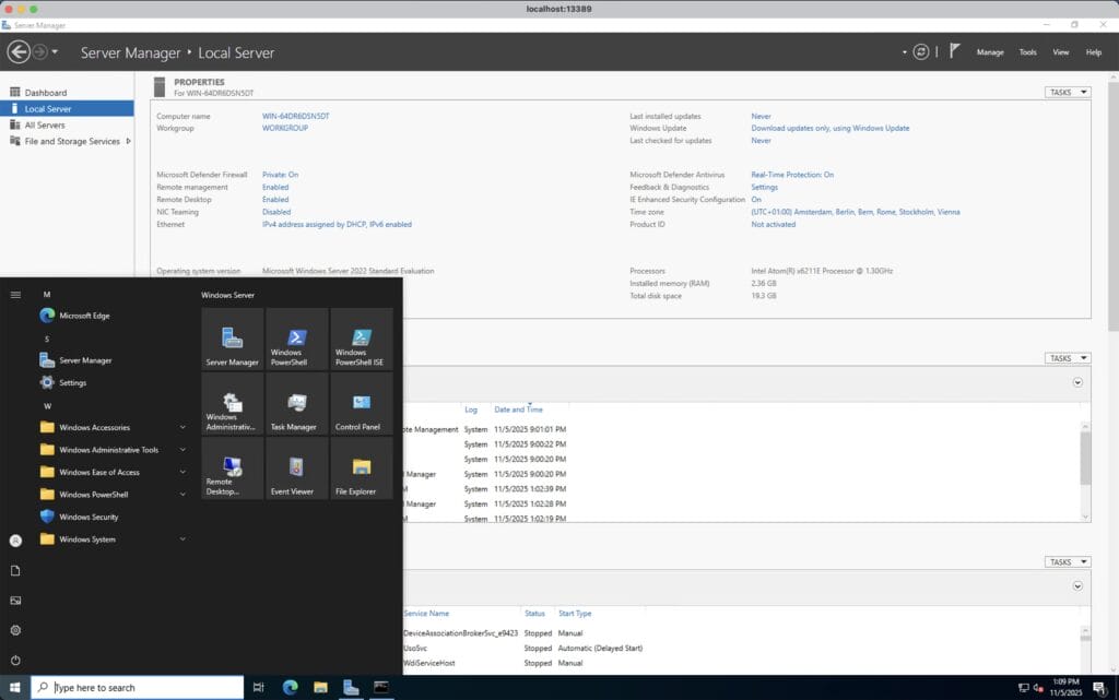 Remote desktop connection to a Windows VM on Avassa, showing the Windows Start menu and system tools accessed via RDP tunneling.