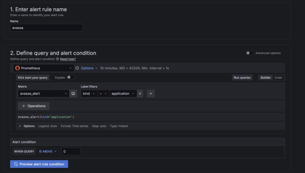 Grafana UI showing the configuration of a new alert rule using a Prometheus query for the avassa_alert metric.