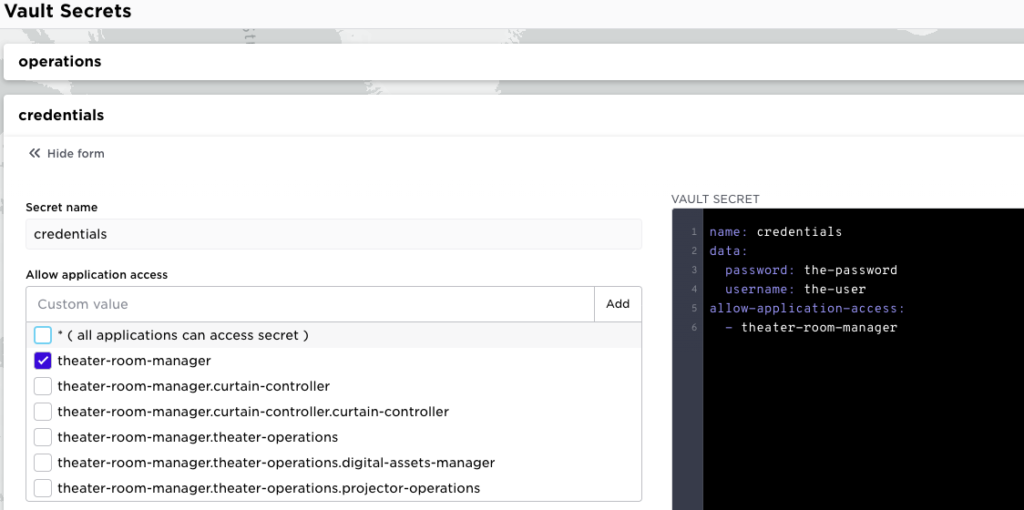 Avassa Web UI showing the allow-application-access setting for a vault secret with theater-room-manager selected.