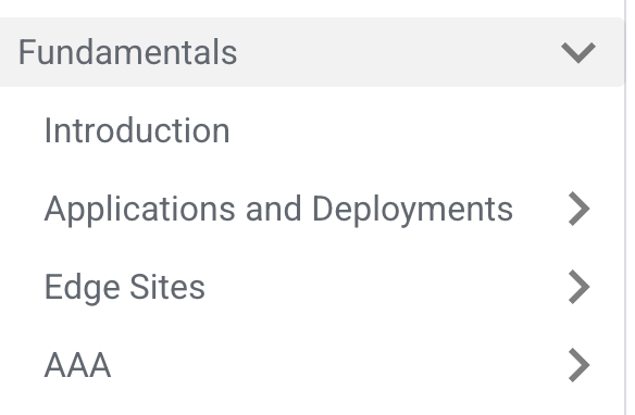 Avassa documentation menu showing the new second layer of section headings for improved navigation.