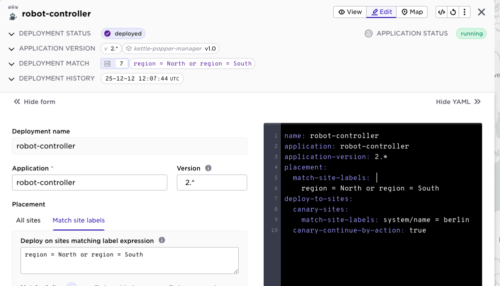 Deployment configuration in Avassa showing a wildcard 2.* used in the application version field for flexible rollouts.