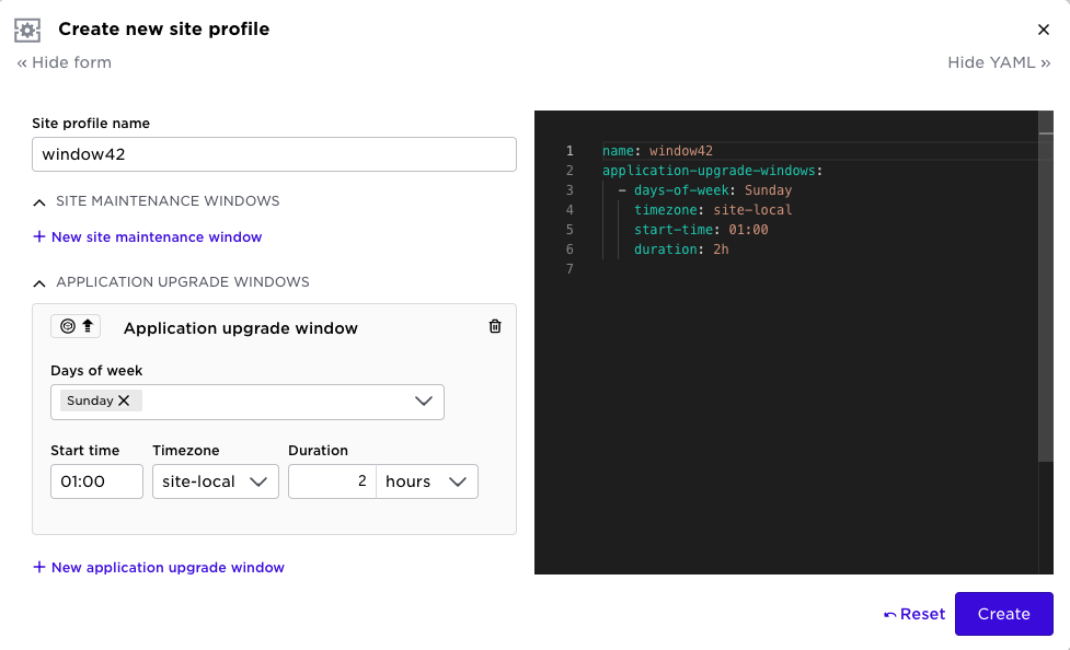Avassa Web UI form for creating a site profile with a scheduled application upgrade window.
