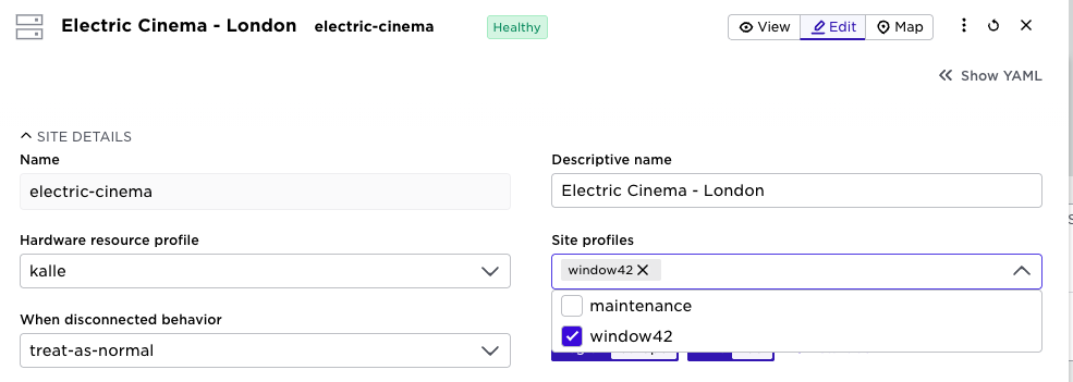 Site details view in the Avassa Web UI showing the assignment of a site profile to a specific site.