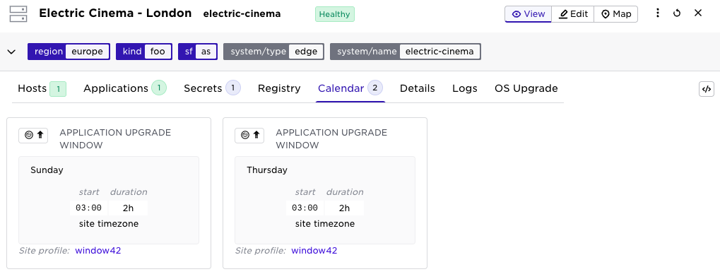 Calendar tab in the Avassa Web UI displaying scheduled application upgrade windows for an edge site.