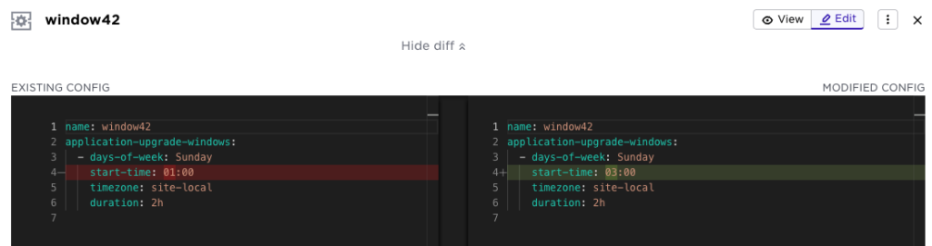 Avassa YAML editor diff viewer showing a side-by-side comparison of configuration changes.