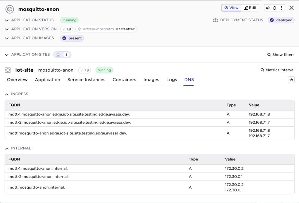 DNS information view in the Avassa Web UI displaying A records and IP addresses for service instances.