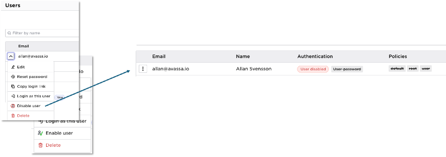 Control Tower interface showing the new feature to enable or disable local users with status indicators.