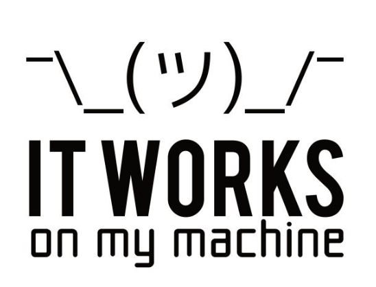 Shrug emoticon and 'IT WORKS on my machine' text, illustrating the gap between lab-tested software and real-world edge operations at scale.