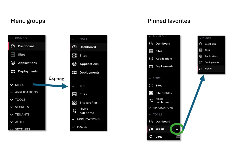 Avassa navigation menu showing logical grouping of features and the new pinned section for personalizing quick access to frequently used items.