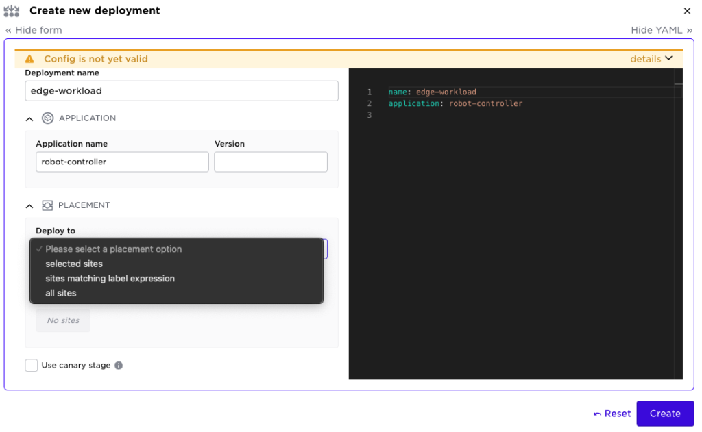 The Avassa deployment editor interface showing a dropdown menu with site targeting options: selected sites, label expressions, or all sites.