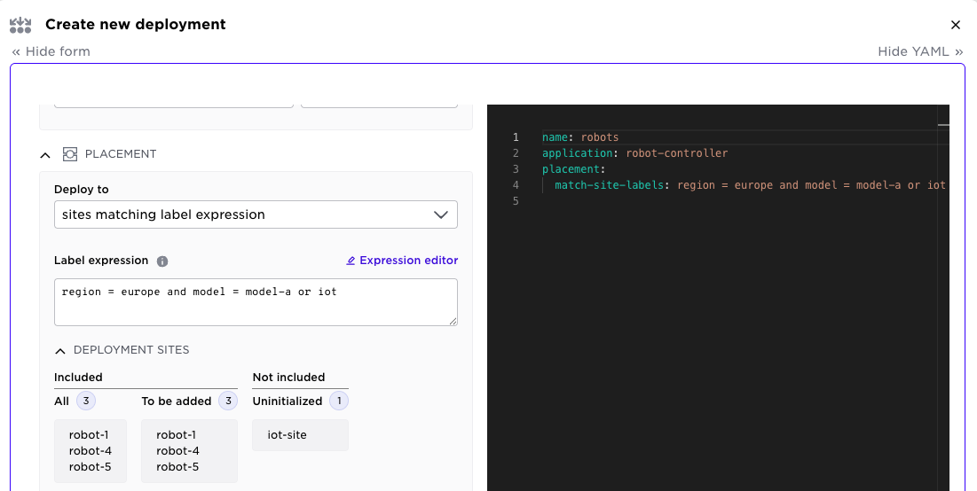 General deployment view in Avassa showing the placement summary with a clear distinction between included sites and uninitialized excluded sites.