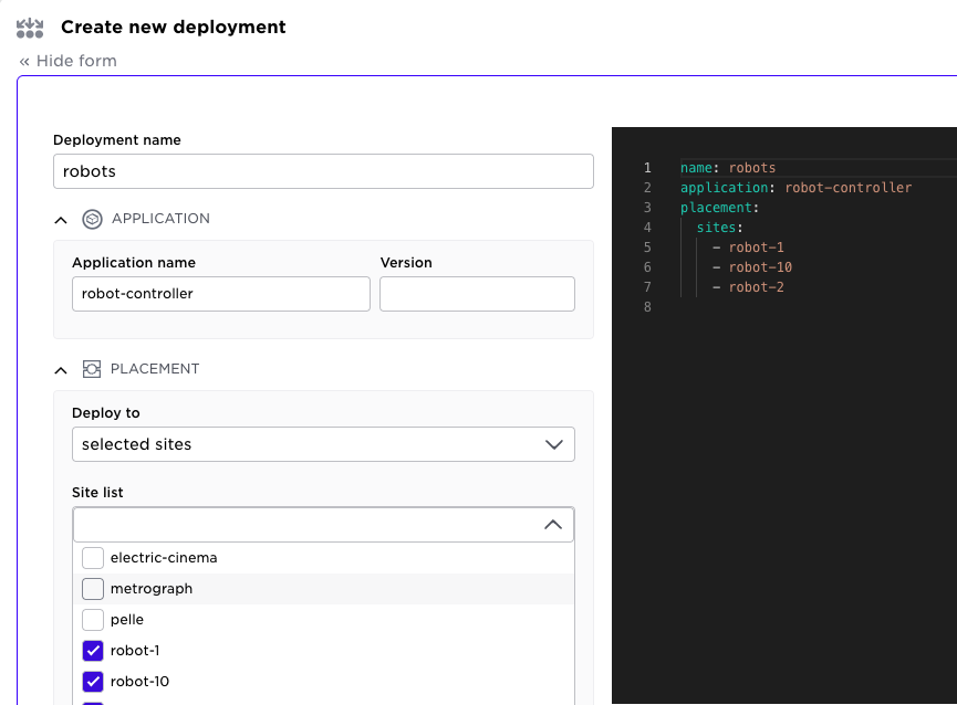 Avassa deployment editor showing the 'selected sites' targeting option, allowing users to manually pick specific sites from a list.