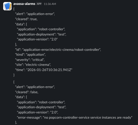Example of an Avassa system alert formatted as JSON and delivered to a Slack channel using the new native webhook support.