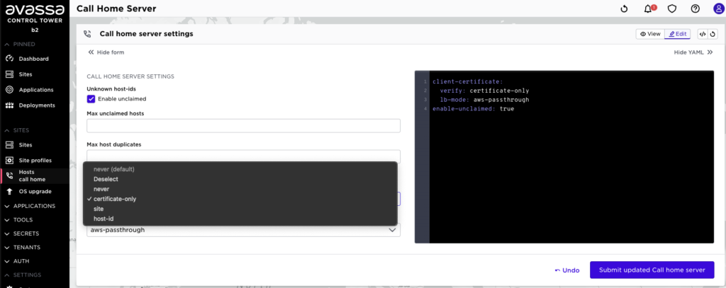 Avassa Control Tower UI showing call-home server settings with the certificate-only authentication option selected.