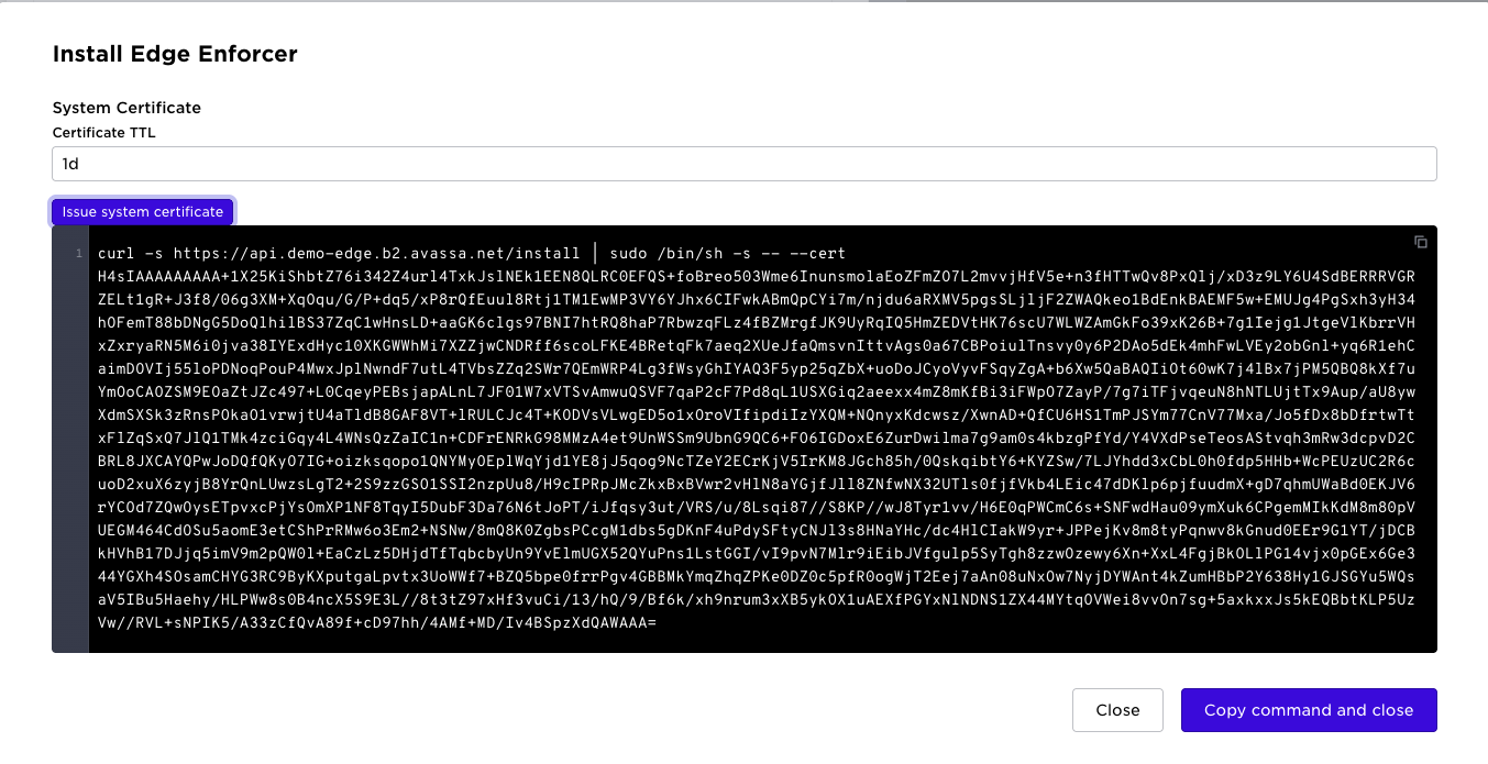 Install Edge Enforcer dialog showing the installation script with an embedded call-home certificate.