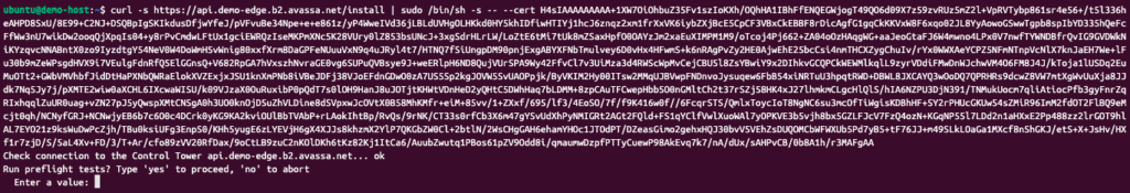 Terminal window showing the Edge Enforcer installation process on a host using a script with an embedded certificate.