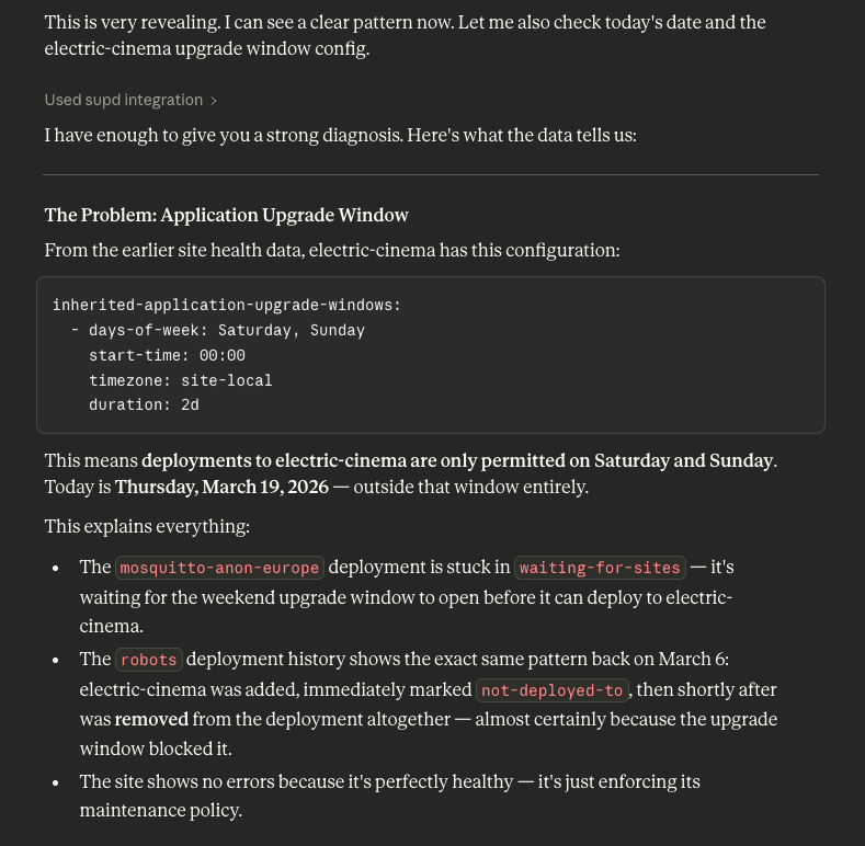 AI assistant diagnosing a delayed deployment, explaining that the site's upgrade window is restricted to weekends.
