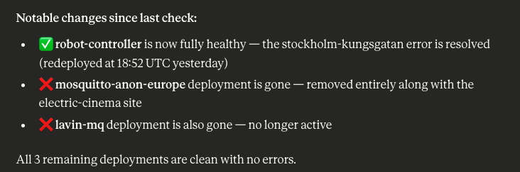 AI assistant summarizing recent changes in application health and deployment status since the previous check.