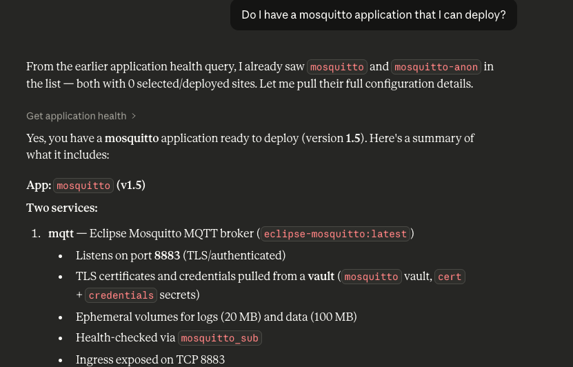 AI assistant providing a summary of the Mosquitto application configuration, including service details and port settings.
