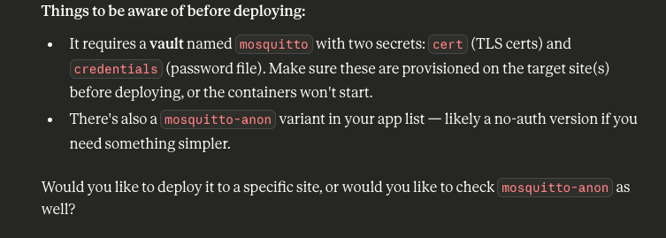 AI assistant listing deployment requirements for the Mosquitto application, including necessary secrets and alternative versions.