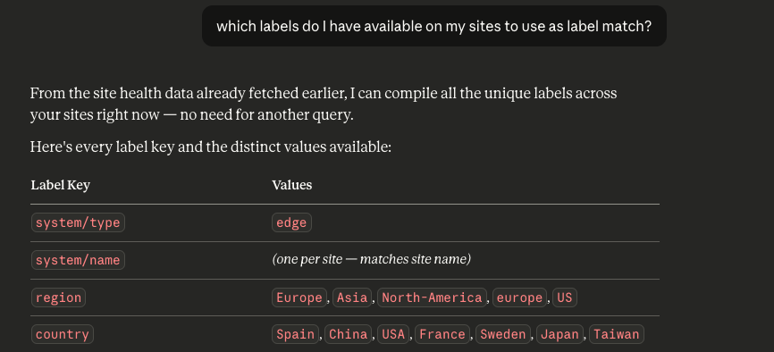 Table of site labels and values, such as region and country, displayed by an AI assistant to help target application deployments.