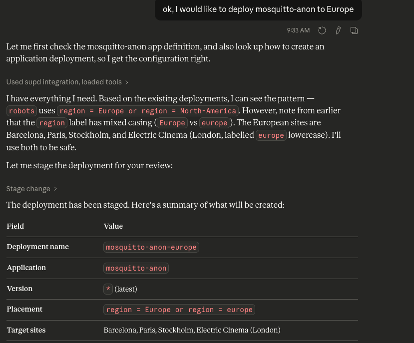 Summary of a staged application deployment for Mosquitto, showing the target sites and the label matching logic used by the AI assistant.