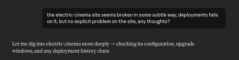 AI assistant troubleshooting a deployment failure on the electric-cinema site by checking its configuration and history.