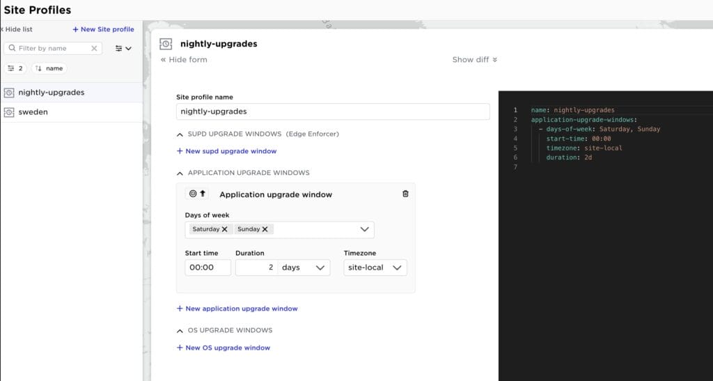 Control Tower UI showing the configuration of a site profile named nightly-upgrades with a specific application upgrade window.