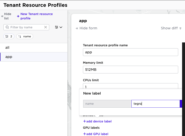 Configuring a tenant resource profile to include a specific GPU label, such as tegra, for application owner access.