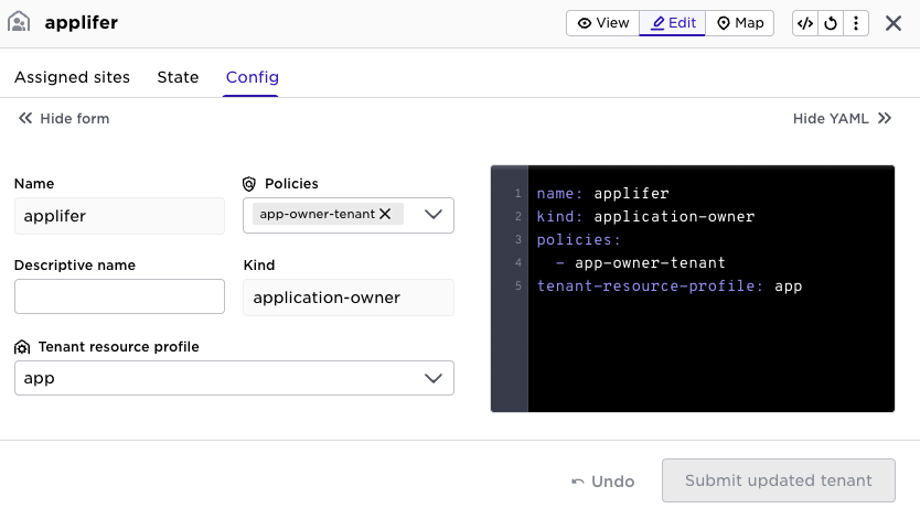 Associating a tenant resource profile named app with a specific tenant named applifer in the Control Tower configuration.